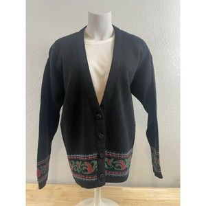 Vtg Pendleton 100% Wool Knit Black Red Cardigan Sweater Womens USA Made Sz Large